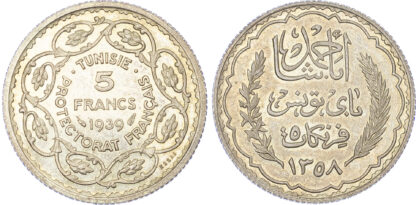 Tunisia, French Protectorate, silver Essai for 5 Francs, 1939