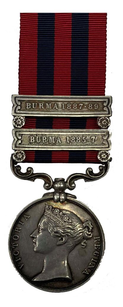 India General Service Medal, 1854-95, two clasps, Burma 1885-7, Burma 1887-89 awarded to Lieutenant A. Beale