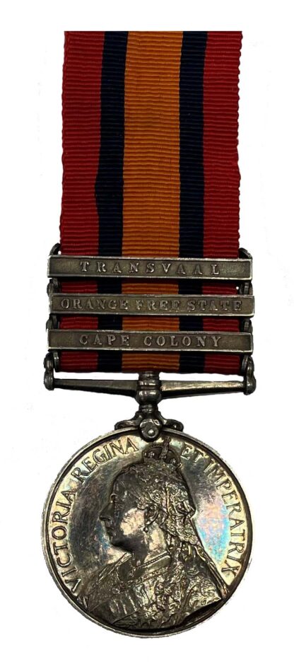 Queen’s South Africa Medal, 1899-1902, 3rd type, 3 clasps, Cape Colony, Orange Free State, Transvaal, to Private W. Ellis Gordon