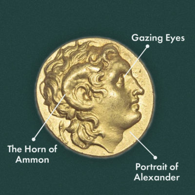Labelled diagram of obverse of Lysimachus, Gold Stater coin.