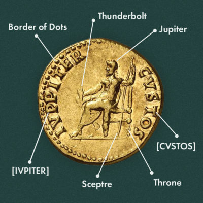 Labelled diagram of an reverse of a Nero (AD 54-68), Gold Aureus coin.