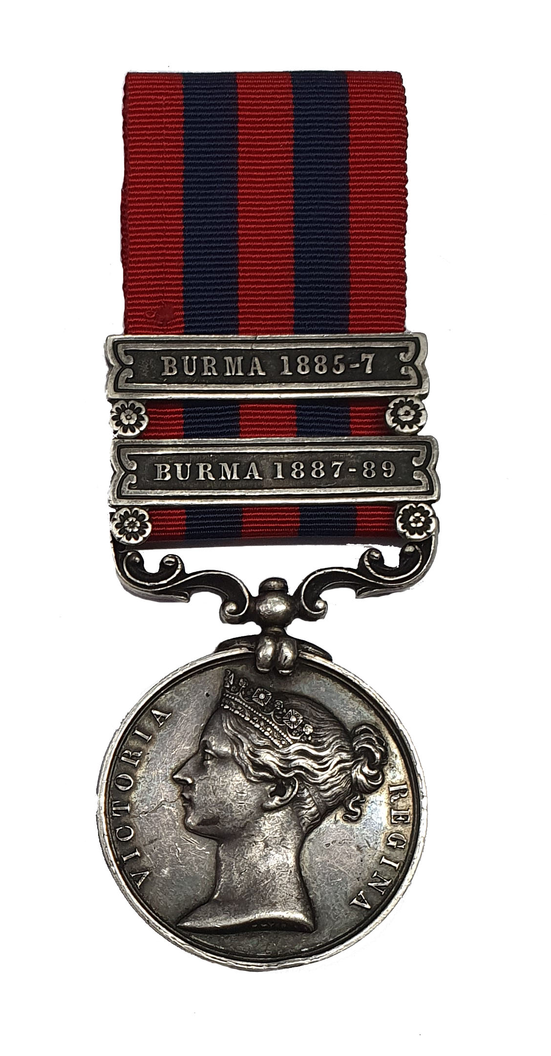 India General Service Medal, 1854-95, two clasps, Burma 1887-89, Burma 1885-7 awarded to 339 Pte E. Makin