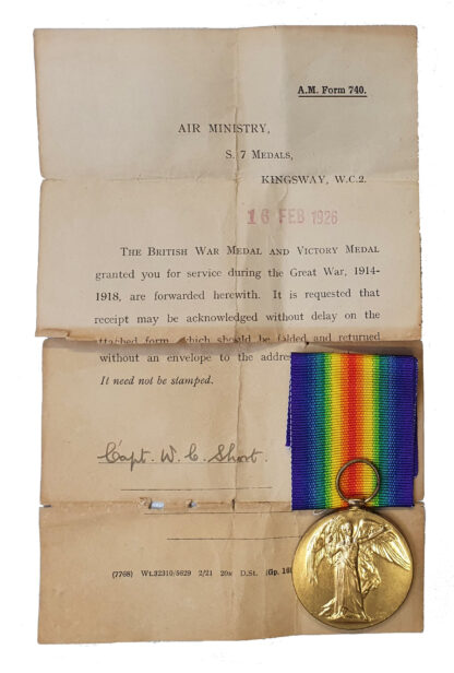 A 1914-1919 Victory Medal awarded to Captain William Courtenay Short, Royal Air Force Late Royal Naval Air Service A Prisoner of War in Italy in 1918