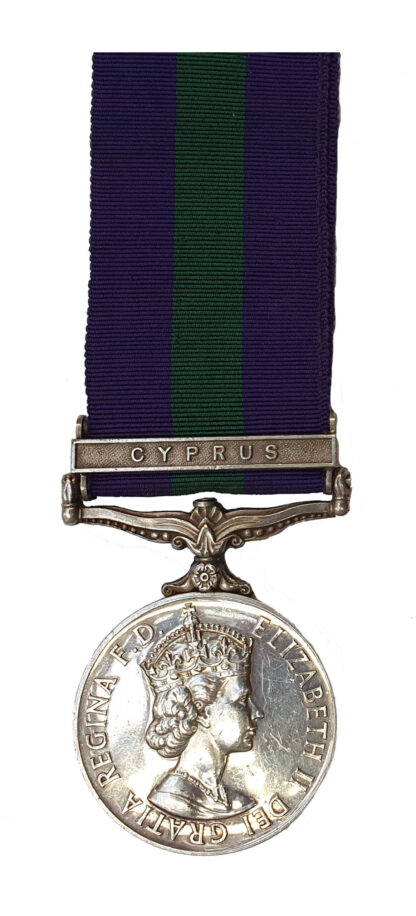 General Service Medal, 1918-62, EiiR, one clasp Cyprus awarded to Gunner T.W.J. Boyle Royal Artillery