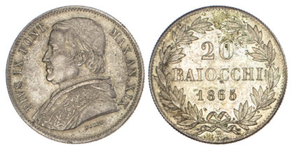 Italy, Papal States, Pio IX (1846-1870), silver 20 Baiocchi, 1865