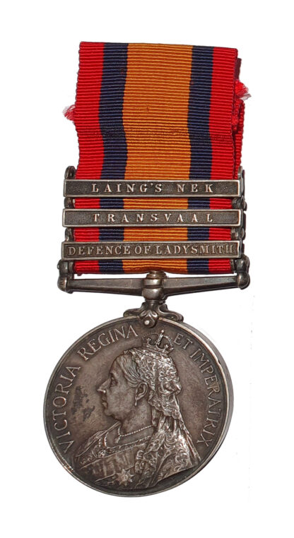 Queen’s South Africa Medal, 2nd type, 3 clasps, Defence of Ladysmith, Transvaal, Laing’s Nek awarded to Private E. Horton