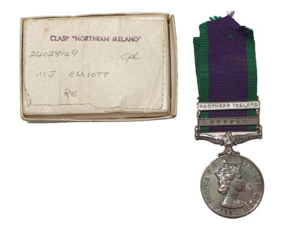 General Service Medal 1962-2007, two clasps, Borneo, Northern Ireland awarded to Corporal M.J. Elliott