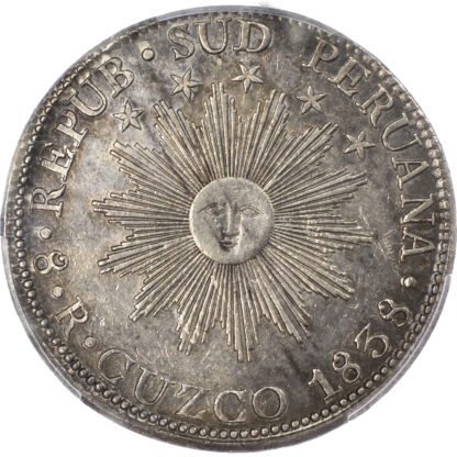 Peru, South Peru, silver 8 Reales, 1838 - MS, Cuzco - AU 58