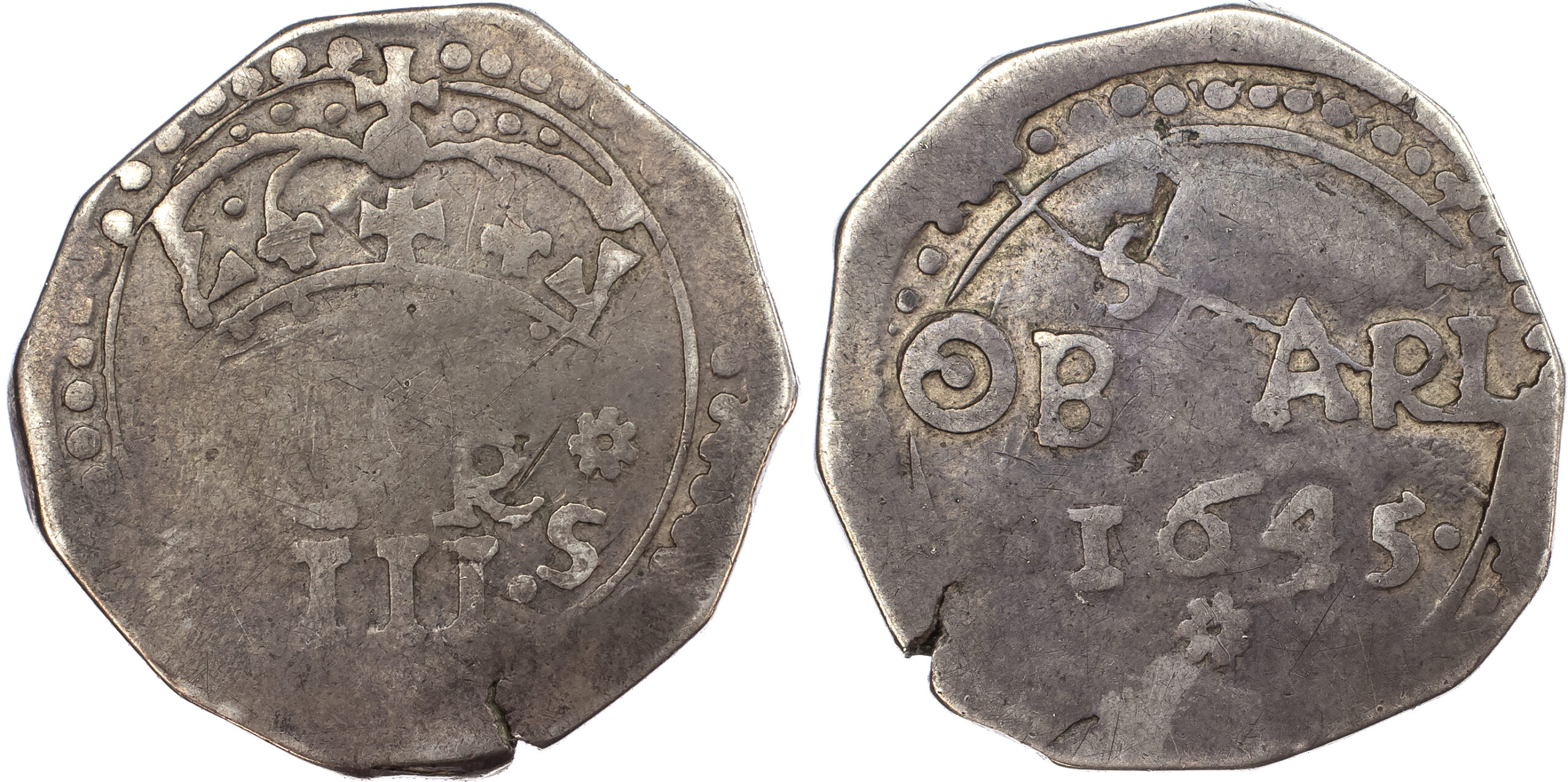 Charles I (1625-49), Three Shillings, 1645, Civil War obsidional coinage