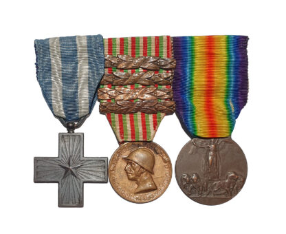 Great War Italian Group of 3 comprising, Italian War Merit Cross, Italian War Medal with 4 clasp, 1915,1916,1917,1918, Italian Victory Medal