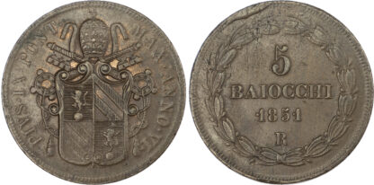 Italy, Papal States, Pio IX (1846-1870), copper 5 Baiocchi, 1851