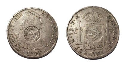Scotland, Lanarkshire, Glasgow Thistle Bank, 4-Shillings 9-Pence, countermarked on Mexico City, 8-Reales, 1797