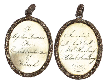 Scotland, Kilmarnock Academy, Silver Prize Medal 1832 for English and French to Anne Finnie
