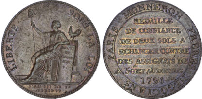 France, Constitution (1791-1792), Monneron Brothers, bronze 2 Sols
