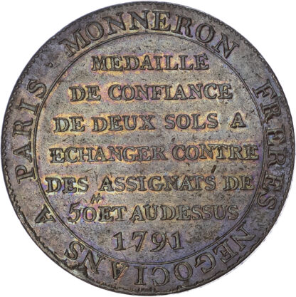 France, Constitution (1791-1792), Monneron Brothers, bronze 2 Sols