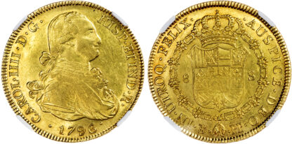 Bolivia, Charles IV (1788-1808), gold 8 Escudos, 1796 - AU 55