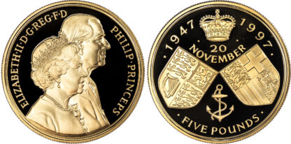 Elizabeth II (1952-2022), Golden Wedding Anniversary, Gold Proof Five Pounds