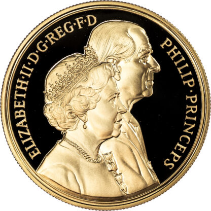 Elizabeth II (1952-2022), Golden Wedding Anniversary, Gold Proof Five Pounds