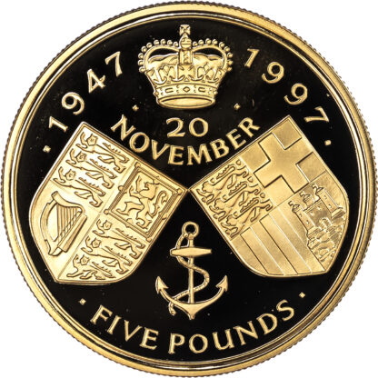 Elizabeth II (1952-2022), Golden Wedding Anniversary, Gold Proof Five Pounds