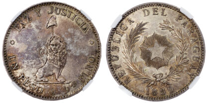 Paraguay, silver Peso, 1889 - AU 58