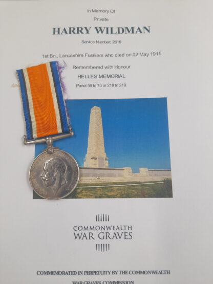 British War Medal to Private H Wildman, 1st Battalion Lancashire Fusiliers