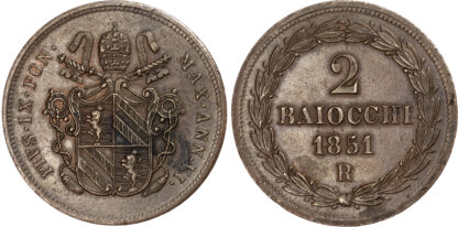 Italy, Papal States, Pio IX (1846-1870), copper 2 Baiocchi, 1851