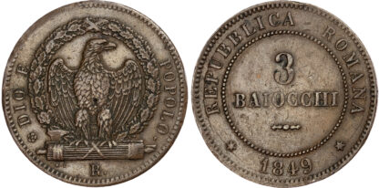 Italy, Roman Republic, copper 3 Baiocchi, 1849
