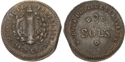 France, National Convention (1792-1795), Siege of Mayence (Mainz), copper 2 Sols
