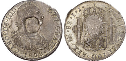 George III (1760-1820), Emergency Issue, Octagonal Countermark Dollar on 8 Reales of Charles IV, 1802