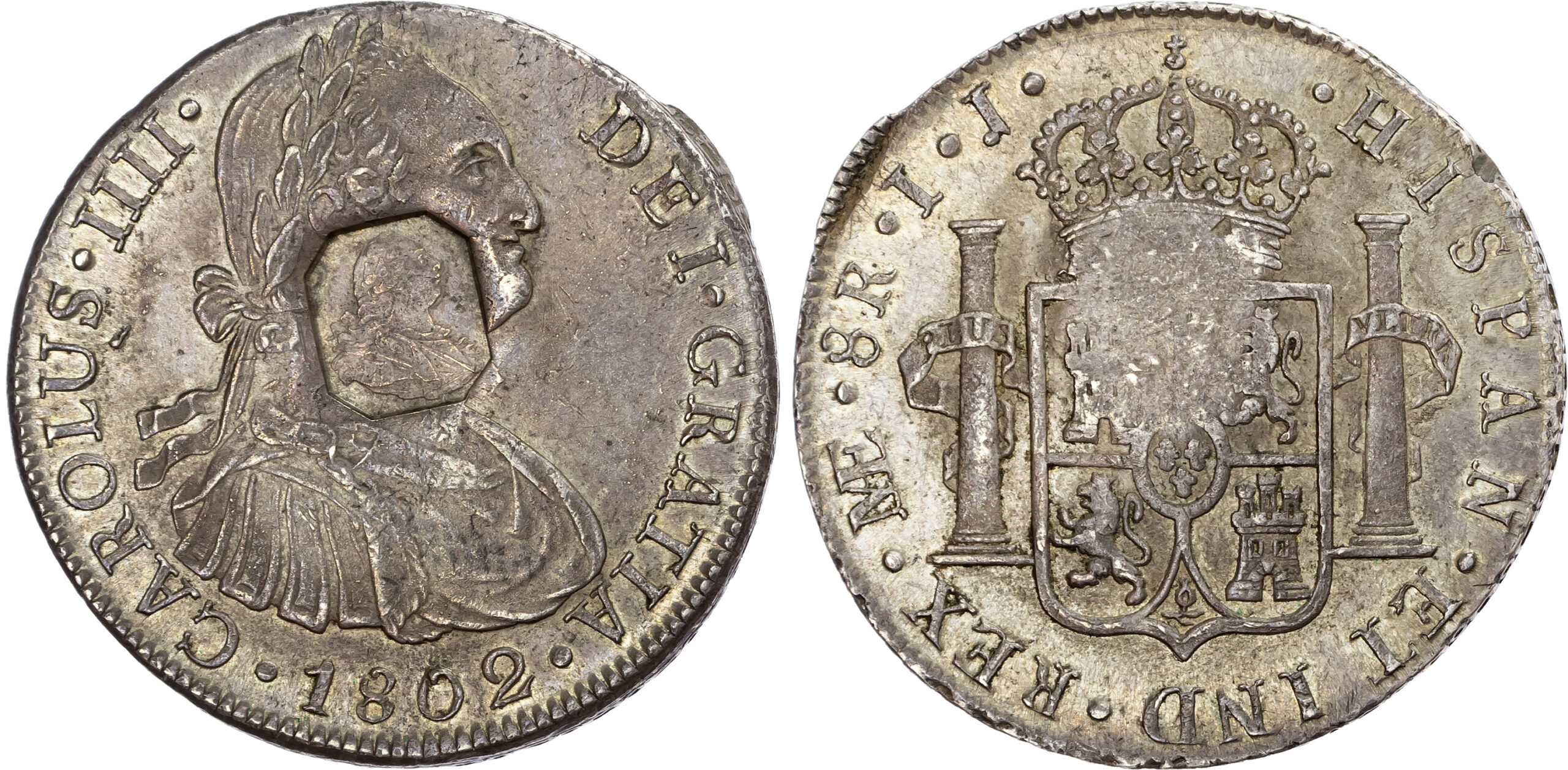 George III (1760-1820), Emergency Issue, Octagonal Countermark Dollar on 8 Reales of Charles IV, 1802