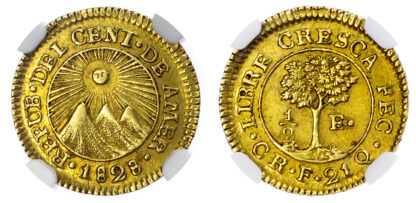 Central American Republic, Costa Rica, gold Half Escudo, 1828 - AU 58
