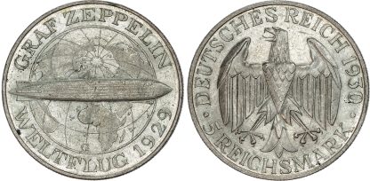 Germany, Weimar Republic, World Flight of the Graf Zeppelin, silver 5 Reichsmark, 1930 G