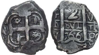 Bolivia, Charles III, silver Cob of 2 Reales, 1766 V