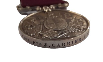 Long Service & Good Conduct Medal, small reverse lettering, 1874-1901 to Private John Carrier