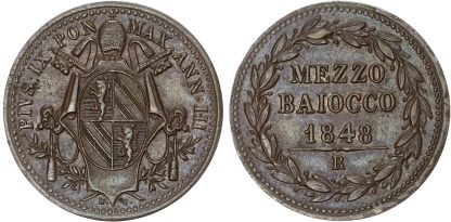Italy, Papal States, Pius IX, copper Mezzo Baiocco