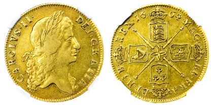 Charles II, Gold Two Guineas, 1664, NGC XF40
