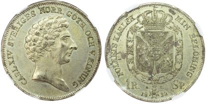 Sweden, Karl XIV Johan (1818-1844), silver Riksdaler Specie AU 58 - ex. Bruun