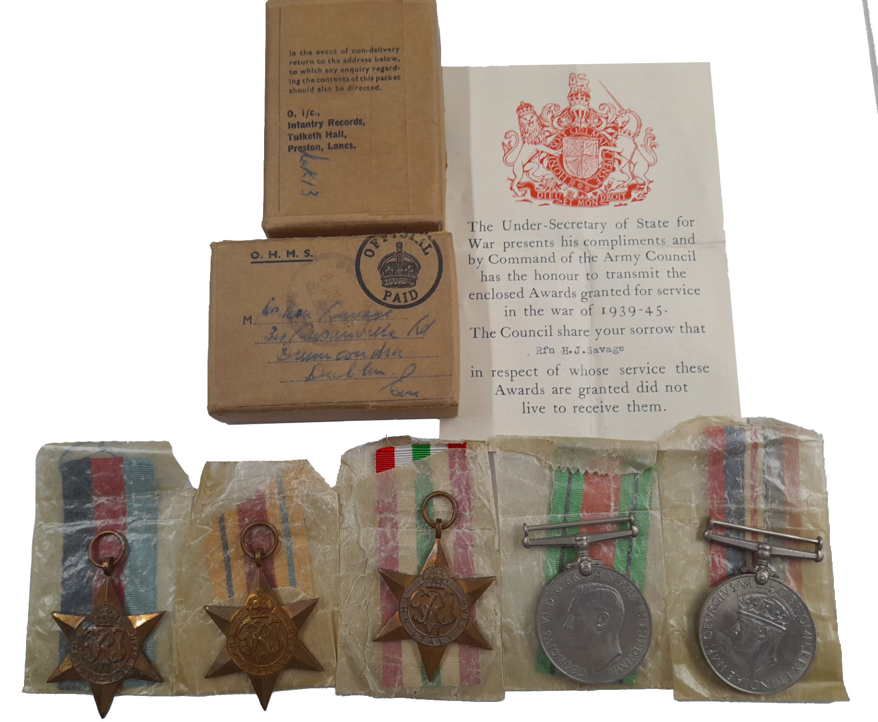 A World War Two Sicily Casualty Group of 5 attributed to Rifleman Horace Joseph Savage