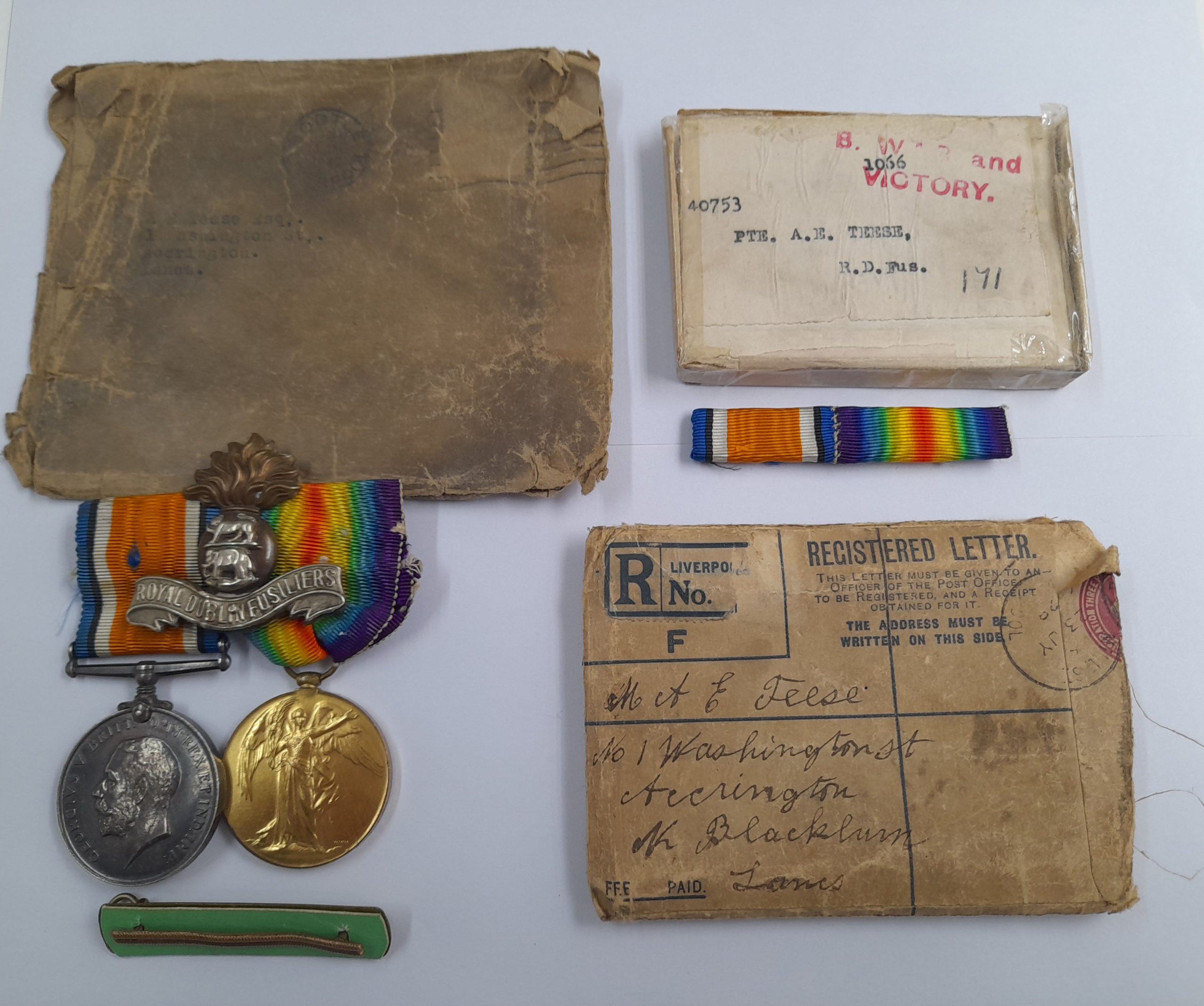 A Great War Royal Dublin Fusiliers Casualty pair awarded to Private Alfred Ernest Teese