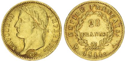 France, First Empire, Napoleon I (1804-1814), gold 20 Francs, 1811 A