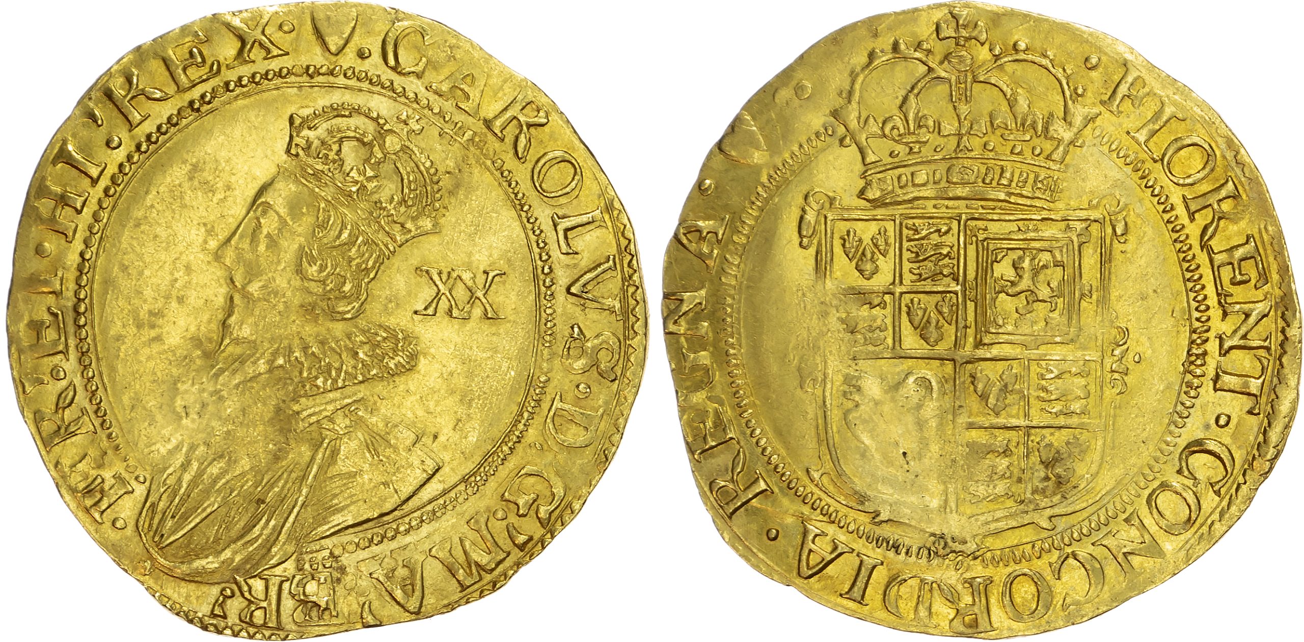 Charles I (1625-1649), AV Unite, Group B, Tower mint, under King (1625-1642), mm. heart.